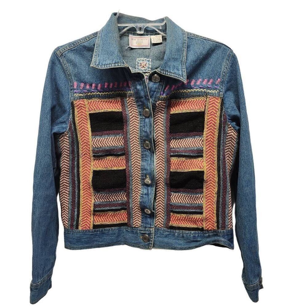 New Identity Vintage Tribal Embroidered Denim Jacket Size M D25